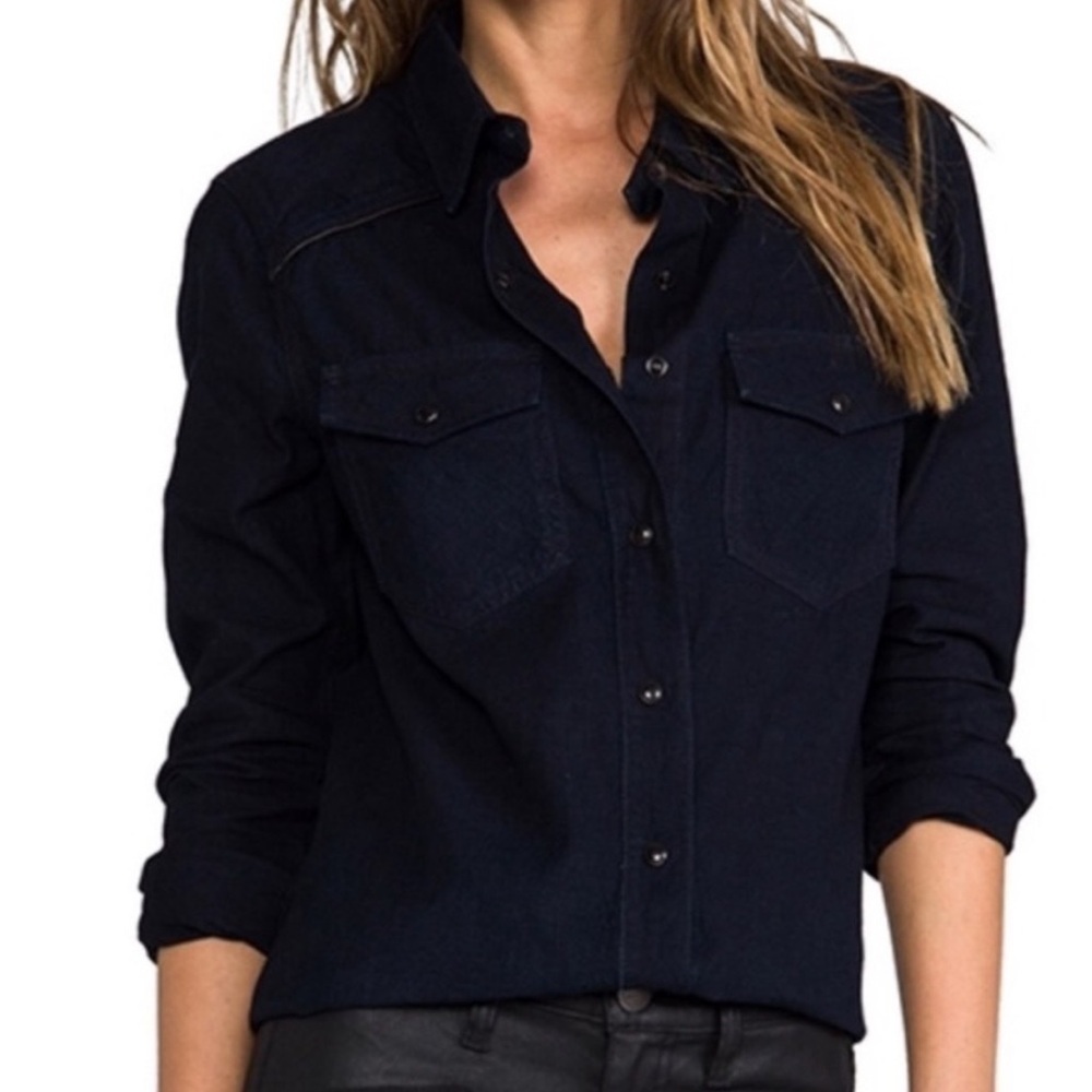 Rag & Bone Navy Blue Western Snap Front Shirt With Leather Trim Size Small